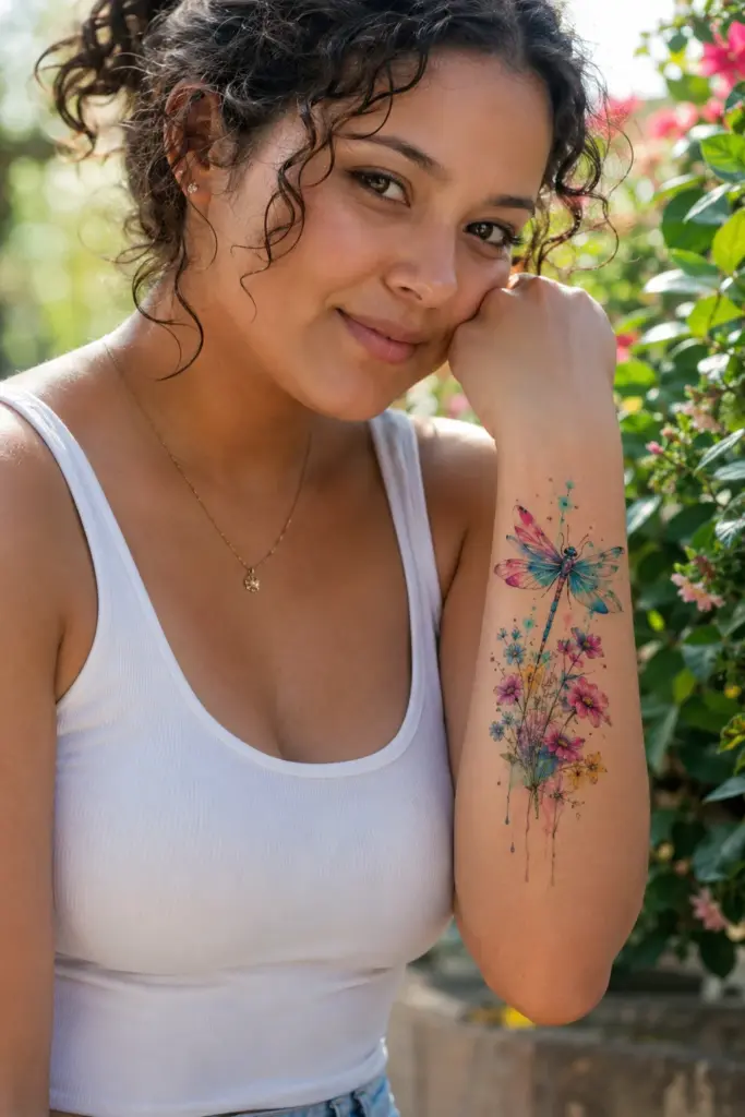 Watercolor Wildflower Dragonfly Forearm Tattoo